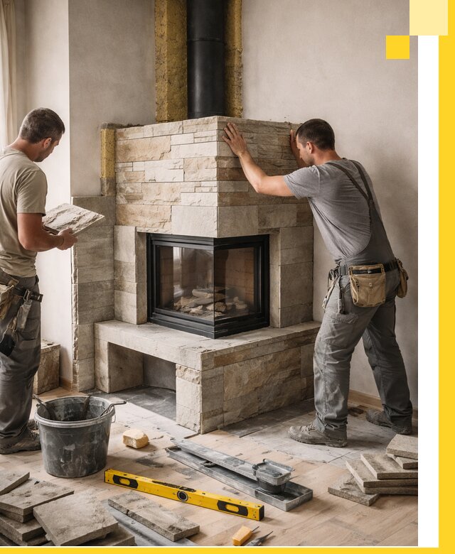 Угловые камины под ключ проект, монтаж и отделка в Сорочинске